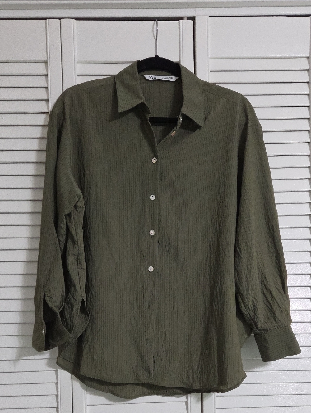Zara Olive pinstriped button-up shirt and Matching Pant Set
